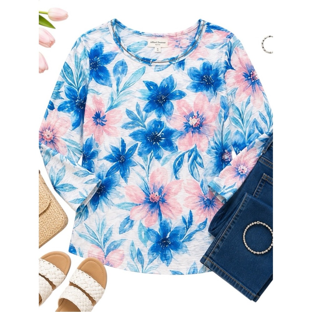 Alfred Dunner Petite XL Blue Pink Floral Knit Top 3/4 Sleeve Stretch EUC Coastal